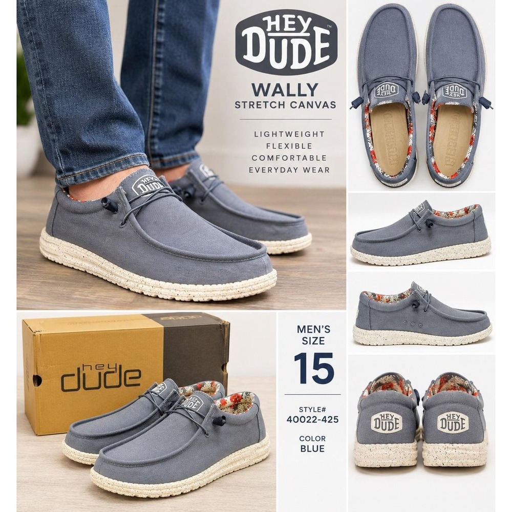 HEYDUDE Wally Stretch Canvas Blue Men’s Size 15 Slip On Loafers 40022-425 NIB